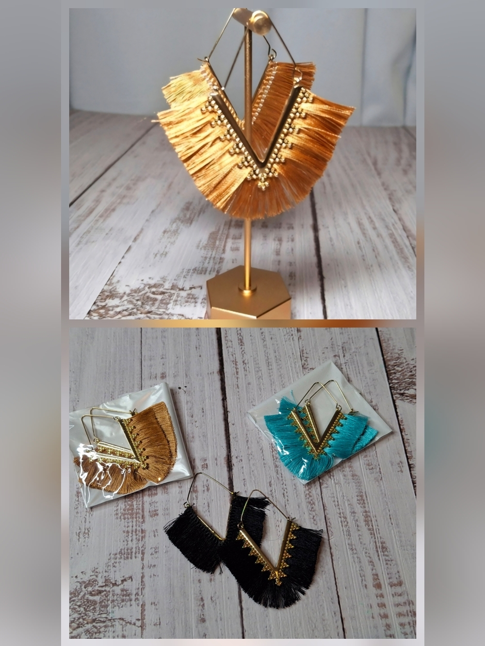 Womens Fringe Tassel V Shape Gold Tone Filigree Statement Hook Earrings Lot Of 3